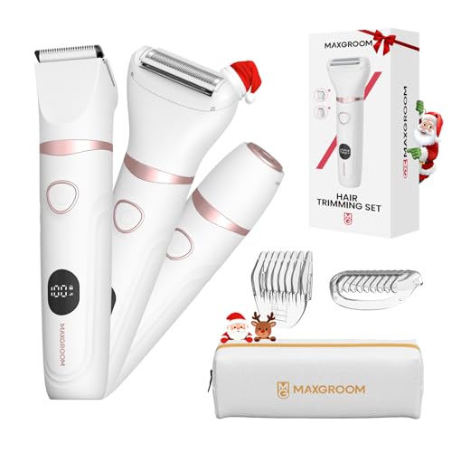 MAXGROOM Women's Electric Shaver, 3 in 1 Intimate Trimmer Wet/Dry, Electric Shaver with LED Display, Ceramic Blade & 4 Peins, Electric Hair Remover for Face, Jersey, Armpits, Legs