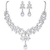 EVER FAITH Flower White Simulated Pearl Wedding Jewelry Set Clear Austrian Crystal - Silver-Tone