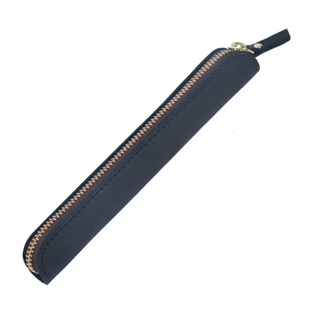 MiOYOOW Leather Pen Case, Head Layer Cowhide Pencil Pouch Retro Slim Pen Holder with Retaining Strap for Office College Travel