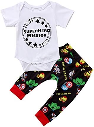 Greenafter Newborn Baby Boy Girl Super Hero Mission Printed Romper Clothing Outfit Pant Set (White, 12-18M)