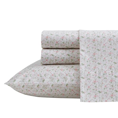 Laura Ashley - Twin Sheets, Cotton Percale Bedding Set, Lightweight & Breathable Home Decor (Evie Pink, Twin)