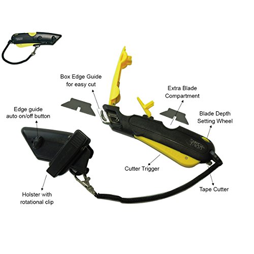 Modern Box Cutter for Retail Use - Extra tape cutter at back, dual side edge guide, 3 blade depth setting, 2 blades and holster - Yellow Color 2000