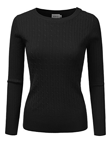 DRESSIS Womens Ribbed Round Neck Button Shoulder Cable Knit Sweater BLACK M