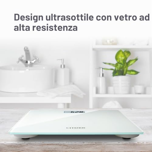 Citizen Digital Tempered Glass Bathroom Scale, 0.1 kg Precise Bathroom Scale with Large LCD Display, Step-On Technology, Ultra-Slim Design 22 mm, White