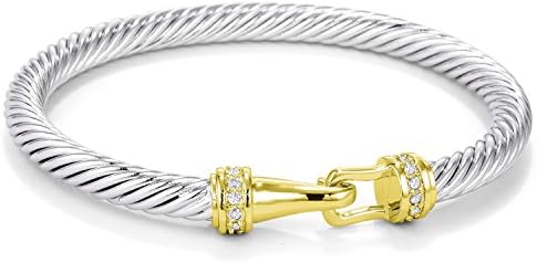 Platinum Plated Twisted Cable Cubic Zirconia Anchor Shackles Bangle Bracelet for Women (Tutone)