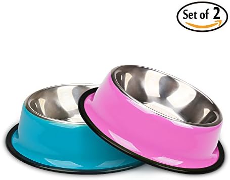 Miaosun Pet Bowls for Cats Non Skid with Natural Rubber Base, Variety of Colors Food Grade Stainless Steel Dog Food And Water Bowls for Travel, Pack of 2 (Blue &amp; Pink)