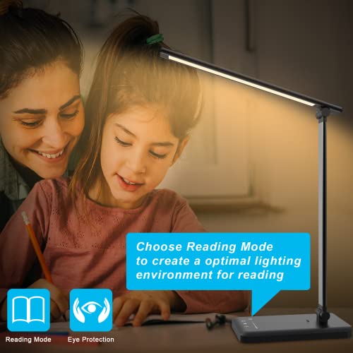 Aourow Desk Lamp LED Dimmable: Table Lamp with 5 Light Color and 5 Brightness Levels,Eye-Protection Table Light with USB Charging Port for Smartphone,Bedside Lamp with Touchscreen for Office,Children