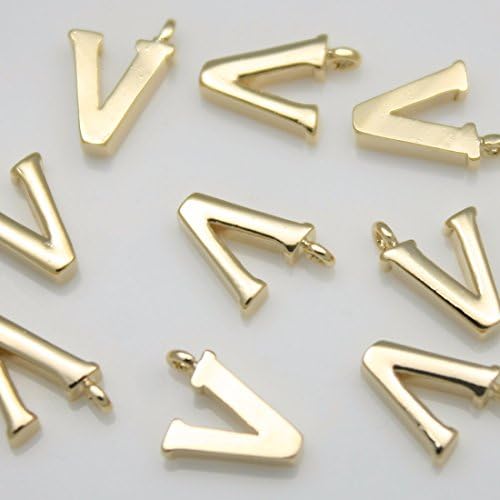 2 pieces of Glossy Shiny Gold Initial Alphabet 'V' Pendants Charms Connectors links Metal beads 16K gold plated over brass for earrings necklace bracelets etc. Jewelry Making Supplies #in-1-gd-v