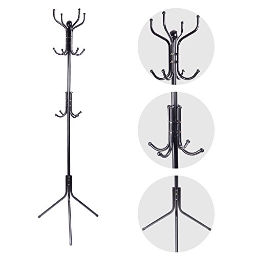 12-Hook Standing Coat Hat Rack Metal Umbrella Stand, Black CR12