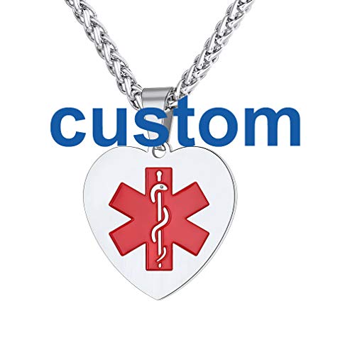 Supcare Heart Pendant Necklace Customized Engraved Medical Alert ID Tag Necklace Jewelry, Personalized Engraving Stainless Steel Medical Emergency Identification Jewelry for Women/Men/Kids