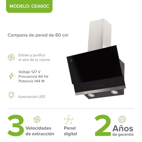 AVERA Campana de Cocina Extractora 60cm de pared, 3 velocidades, Panel táctil, Luz LED, Acero inoxidable y vidrio templado, Filtro de carbón activado y malla metálica lavable | CEA60C