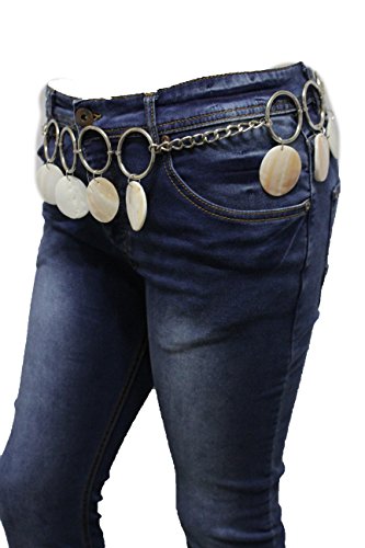 TFJ Women Beige Tie Belt Bohemian Fashion Hip Waist Silver Rings Seashells M L XL