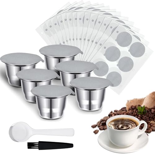Capsulas de Café Reutilizables 6PCS, Cápsulas de Café de Acero Inoxidable, Resistente a Altas Temperaturas y Fácil de Limpiar, para Nespresso OriginalLine（6 Tazas + 200 Tapas + 1 Pincel + 1 Cuchara）