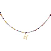 Mikovivi for Women Girls Letter PendantSummer Necklaces, Bohemian Beaded Necklace Colorful Beaded Initial Necklace Handmade Jewelry Gifts for Teens(H)