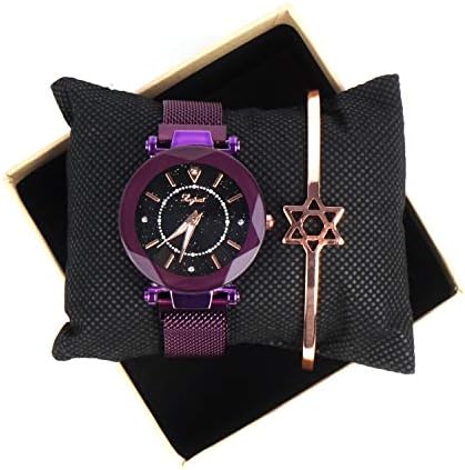Ladies Quartz Starry Sky Wristwatch Fashion Magnetic Mesh Band Watches Bracelet Set Gifts for Women