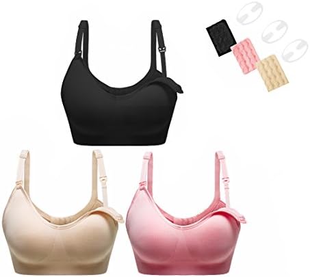 Perkisboby Women's 3 Pack Seamless Maternity Breastfeeding Nursing Bra Sleep Bralette with Extenders, Clips (Black &amp; Pink &amp; Beige - XL)