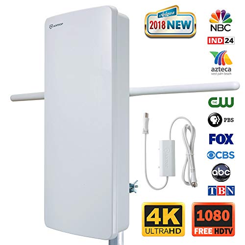 Outdoor HDTV Antenna-ANTOP 400-BV Flat Panel Amplified Antenna with Noise-Free 4G Filter for VHF Enhanced, 70 Miles Multi-Directional Reception Range, 39ft Detachable Coaxial Cable, Waterproof
