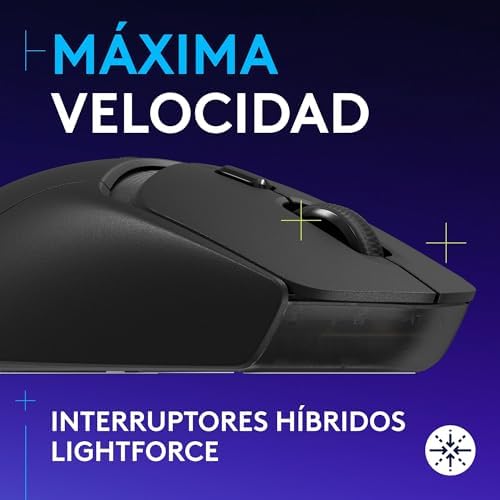 Rato gaming sem fios 309 Lightspeed, Lightweight, interruptores híbridos LIGHTFORCE, sensor Hero 25K, 300+ horas com bateria AA, 6 botões programáveis, PC e Mac - Preto