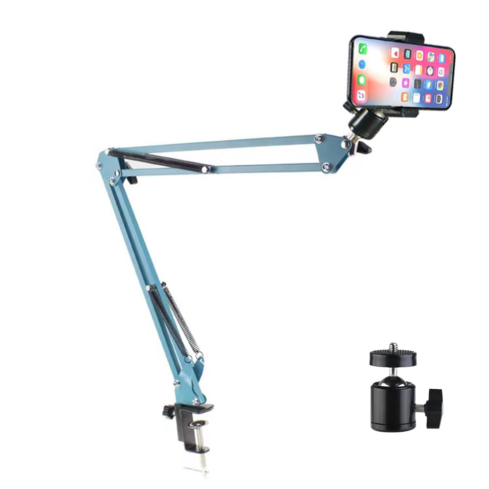 YIYANT Overhead Tripod Mount Articulating Arm, Cell Phone Holder, Video Webcam Stand, Lazy Desk Clamp Table Desktop Suspension Scissor Stand Accessory for Video Recording Live (Blue)