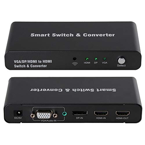 TFIVE 3x1 HDMI+VGA+ DisplayPort to HDMI Converter KVM Switch w/Automatic and Priority Switching – Multi-Format HDMI and VGA to HDMI Switch – 1080p,for PC Laptop Display Computer Mac Projector PS4
