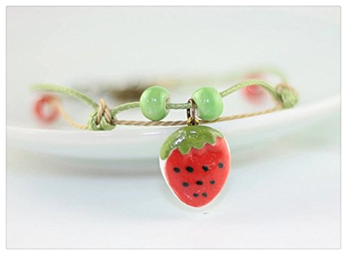 Happiness Jewelry Handmade Fashion Charm Adjustable Ceramic Fruit Design Porcelain Bracelet (Strawberry)