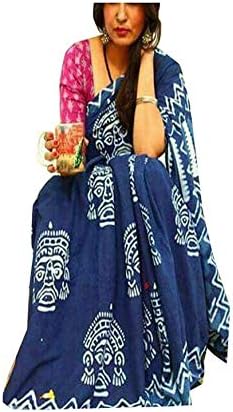 FEMEZONE Hand Block Printed Print Cotton Mal mal cotton Sarees For Women.Bagru Hand Block Printed Saree(Indigo colour)