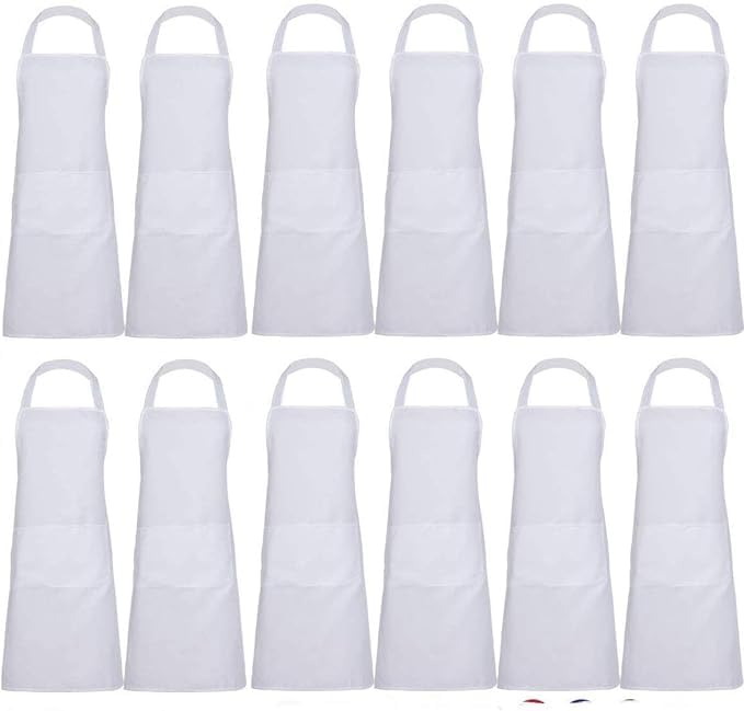 TESIN 12 PCS Plain Color Bib Apron Adult with 2 Front Pocket,Cooking Kitchen Aprons for Women Men Chef (12, White)
