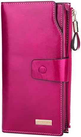 PEIUJIN Women's Large Capacity Luxury Genuine Leather Wallet with Zipper Pocket Smartphone Clutch (Purple RFID Blocking)