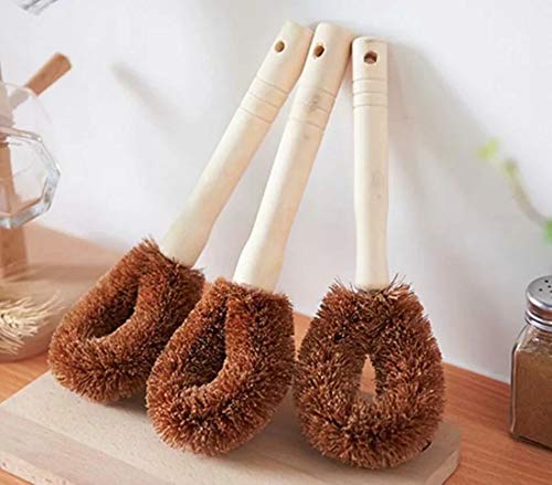 3pcs Coconut-Fiber Kitchen Wok Pan Pot Cleaning Whisk Brush With Long Wooden Handle (8.26 inch)