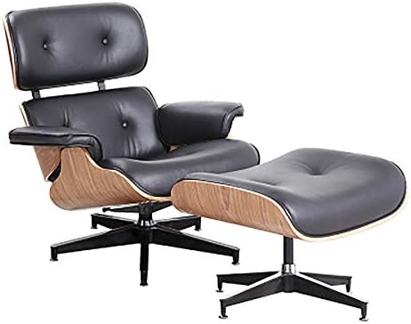 Lounge Chair Mid Century Modern Living Room Chair Classic Design Reclining Office Chair Natural Leather Heavy Duty Base Support (Black Walnut)