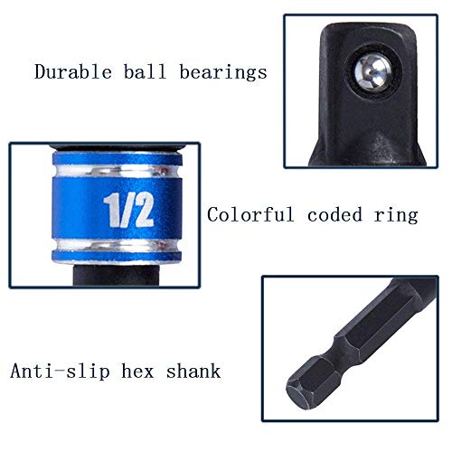 3-Piece Impact Grade Socket Adapter/Extension Set Turns Power Drill Into High Speed Nut Driver,1/4-Inch Hex Shank to Drive for Adapters to Use with Drill Chucks, Sizes 1/4" 3/8" 1/2", Cr-V