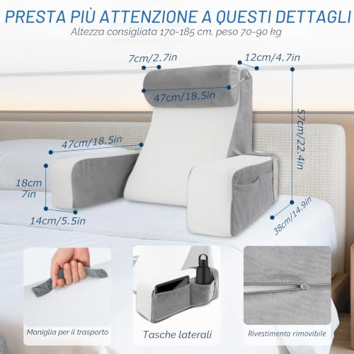 HOMCA Reading Pillow for Bed and Sofa with Removable Neck Pillow and Armrests, Pillows for Reading/Relaxing/Watching TV, with Pocket and Washable Cover (38x47x57cm)
