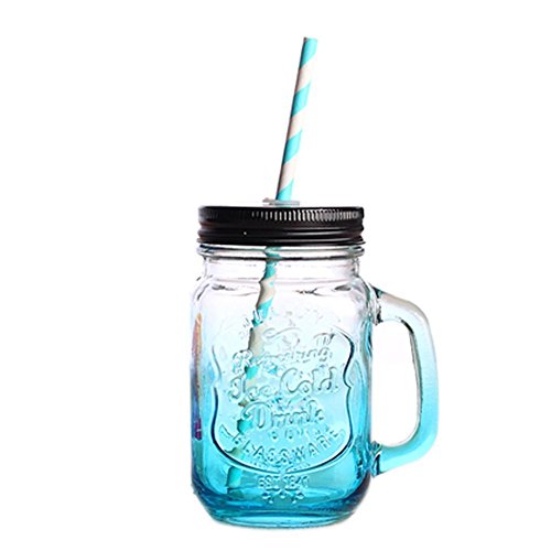 3D Vintage Blue Mason Cup with Lid & Straw Mason Glass Drinking Jars Cocktails and Smoothies, 17oz