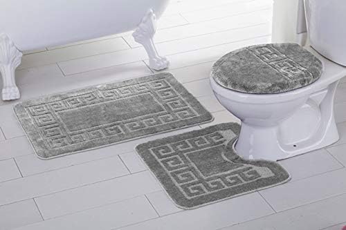 Mk Home 3pc Absorbent Bath Mat Set Solid Color Silver/Light Grey Chain Design Pattern with Bath Rug, Contour Mat and Toilet Seat Lid Cover Non-Slip Rubber Blacking New
