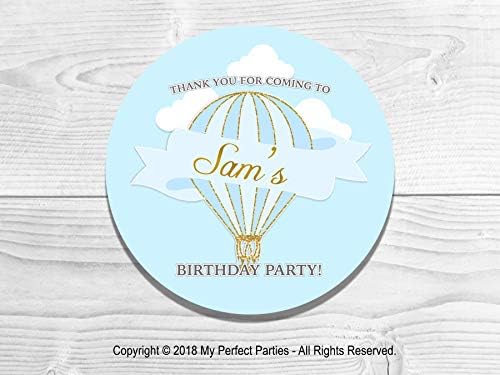 Personalised Blue Hot Air Balloon Birthday Party Stickers Thank You Seals - Pack of 35 | Children's Birthday Party Stickers | Sweet Cone Stickers (Glossy)