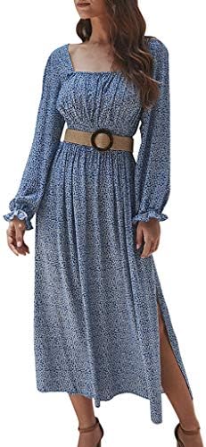 Excursion Clothing Womens Fashion Long Sleeves Floral Print Dress Ruffle Solid Color Boat Neck Side Split Beach Casual Maxi Dresses