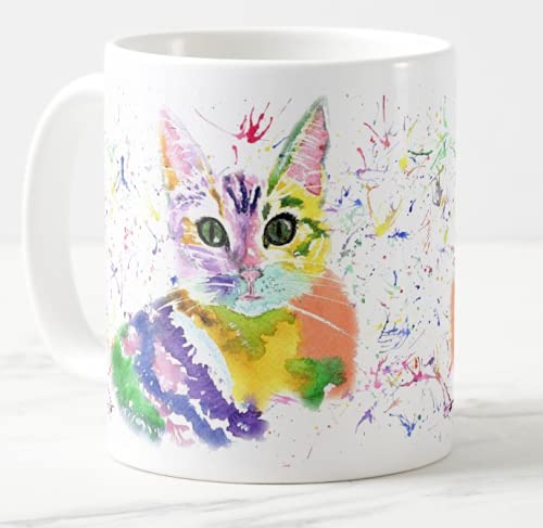 Vixar Kitten Cat Watercolour Rainbow Art Coloured Mug Cup, Gift, Birthday, Work, Office, Christmas Tea Coffee (White)
