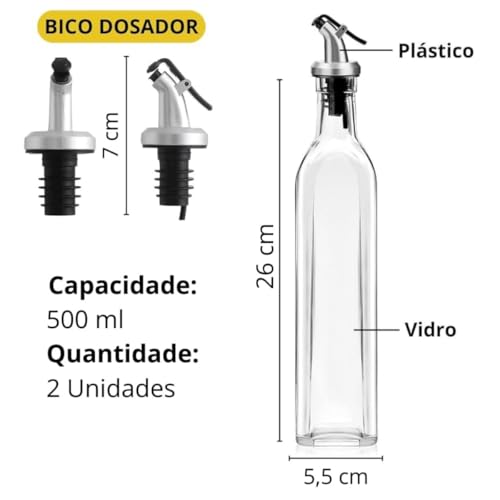 Kit 2 Porta Azeite e Vinagre de Vidro 500ml Premium Galheteiro com Tampa Dosadora Dispenser para Óleo Molhos e Temperos Garrafa Transparente Multiuso Econômica e Saudável para Cozinha 500ml Premium