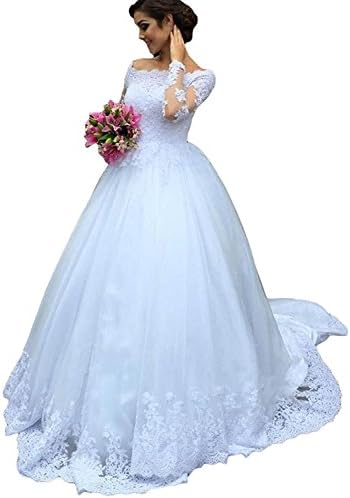 Holygift Women's Long Sleeves Lace Appliques Wedding Dresses For Bride 2018 Bridal Gowns
