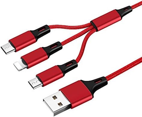 Multi charging cable(4ft) supports charging 3 devices simultaneously, USB Fast Charger Cord with Type C,Lightning,Micro USB connector for Samsung,LG,Moto,Nexus,iPhone,iPad,Camera,bluetooth dev. Red
