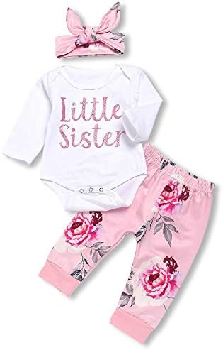 PVSECTOR Baby Girls Floral Pants Set Little Sister Long Sleeve Romper with Headband