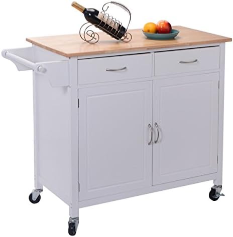 CHEFJOY Kitchen Rolling Cart w/2 Drawers 2-Door Cabinet Adjustable Shelf Wood Top Island Serving Utility Storage Cart w/Lockable Wheels Towel Rail Handle (White)