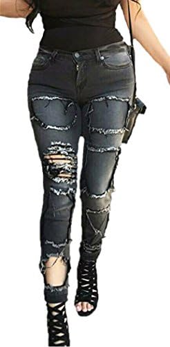 Women's Black Mid Rise Super Skinny Fit Ripped Patch Jeans with Shredded Rips XXL