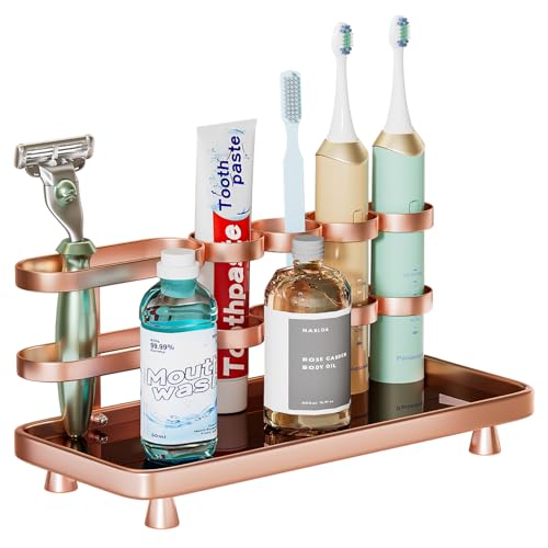 YOOLENS Electric Toothbrush Holder for Bathroom Countertop 5 Metal Slots Toothpaste Razor Mouthwash Organizer, Rose Gold