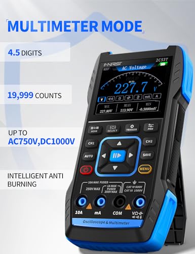 FNIRSI 2C53T Osciloscopio de mano mejorado, ancho de banda de 50 MHz, multímetro osciloscopio digital 3-en-1, generador DDS, frecuencia de muestreo de 250 MS/s, 19999 cuentas, voltaje, corriente