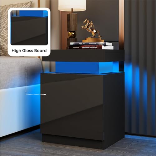 SiliBamb Nightstand Set of 2 with LED Lights, Night Stand with Storage Cabinet for Bedroom, Bedside Table with LED, Black