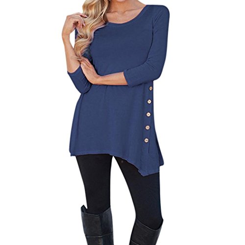 Auwer Black Friday Clearance Women's Casual Scoop Neck Button Long Sleeve Loose Long T-Shirt Tunic Top (S, Dark Blue)