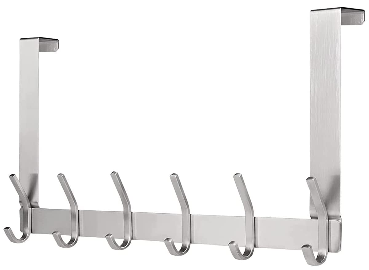 YUMORE Over The Door Hook Hanger,Stainless Steel Over Door Hanger 12 Hooks Coat Hanging Hooks Rack for Clothes Towels Robes, Brushed, Space Saving