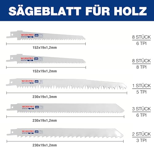 WORKPRO Saw Blade for Wood, Metal & Plastic, Set of 32 Pieces, Reciprocating Saw Blades with Bag, Compatible with Bosch / Dewalt / Makita / Ryobi / Milwaukee