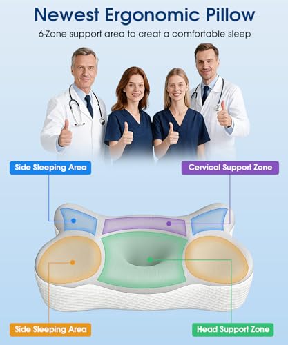 Memory Foam Pillow, Ergonomic Orthopedic Pillow for Neck and Shoulder, Neck Support Pillow for Back, Side, Stomach Sleepers ,Cooling Cervical Pillow with 2 Removable Cover, 2 Adjustable Height